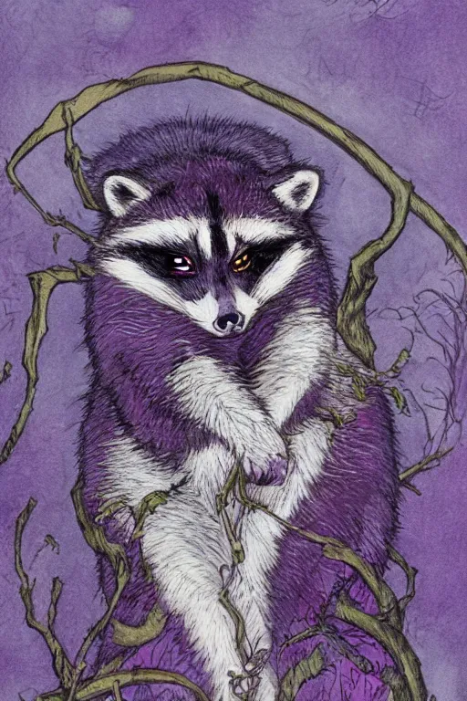 Image similar to purple stelar raccoon in the style of Rebecca Guay, high resolution 4k