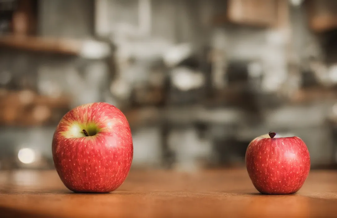 Prompt: an apple is sitting on the table of a 1 9 5 0 s era kitchen, sigma lens, strong bokeh, photography, highly detailed, 8 5 mm, f / 1. 3, dramatic lighting, 4 k