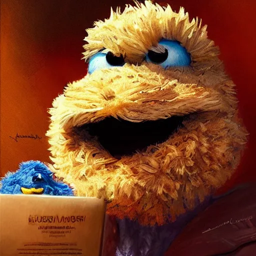 Image similar to ultra realistic illustration, cookie monster from sesame street, intricate, elegant, highly detailed, digital painting, artstation, concept art, smooth, sharp focus, illustration, art by artgerm and greg rutkowski and alphonse mucha