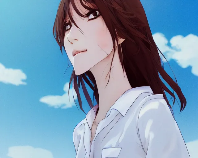 Image similar to teen looking at blue sky, wearing white shirt, back turned, looking up, illustration, by pine ( ハイネ ) and 薯 子 imoko and 香 川 悠 作 and wlop and maya takamura, highly detailed, trending artstation, pixiv, digital art