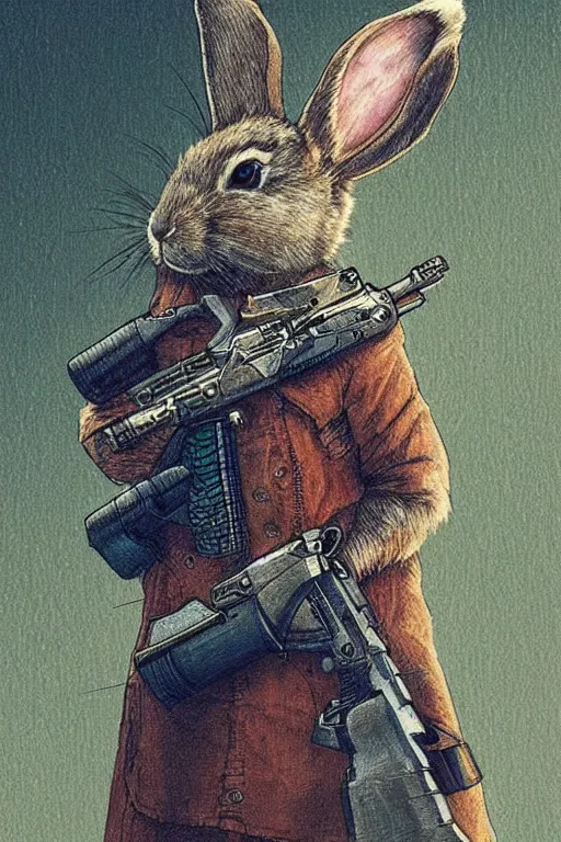 Image similar to cyberpunk rabbit with a shotgun, artwork by Beatrix Potter