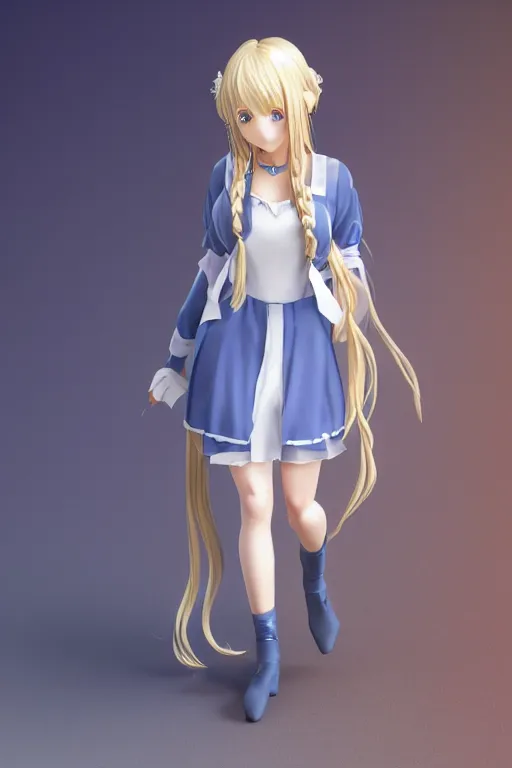 Prompt: full body 3d render of a blue eyes, blonde long hair, french braids, violet evergarden as an realistic anime figurine, blue-white dress, blender, trending on artstation, 8k, highly detailed, bokeh, depth of field