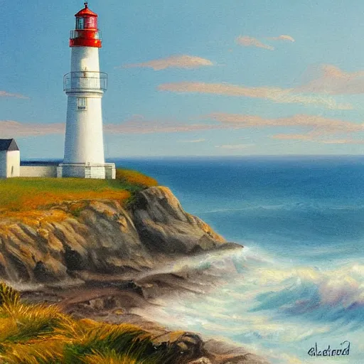 Image similar to painting of a coastal landscape with a lighthouse, by Aleksander Rostov