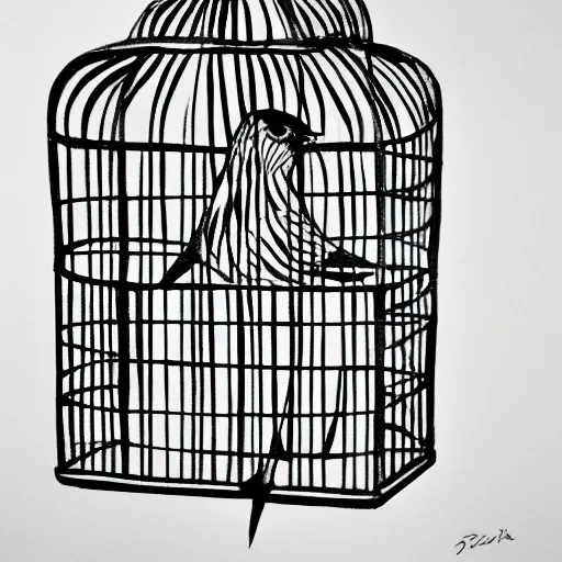 Image similar to a painting of a bird in a cage, black and white