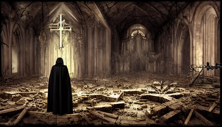 Prompt: a dark priest conducts a ceremony in the middle of a destroyed church, religion, death, fear, horror, ultra realistic, hyperrealism, fine details, by barlowe, by wayne, by giger, by marc simonettii, polaroid, bokeh, 4 k