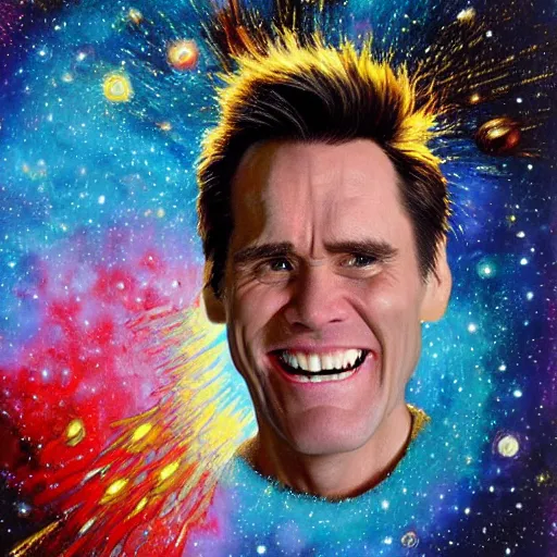 Image similar to jim carrey big smile exploding head, cosmic starfield background oil painting masterwork trending on artstation