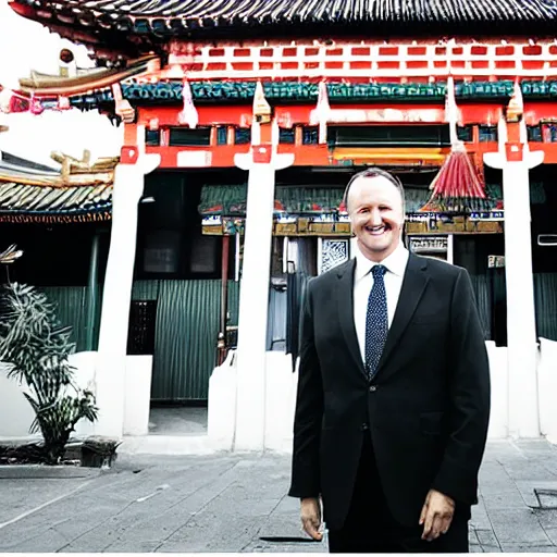 Image similar to a beautiful studio photo portrait of john key in chinatown, happy and smiling