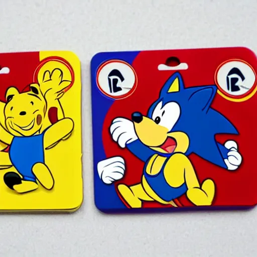 Image similar to photograph of winnie the pooh and super mario and sonic the hedgehog anime style, on pokemon card packs at target