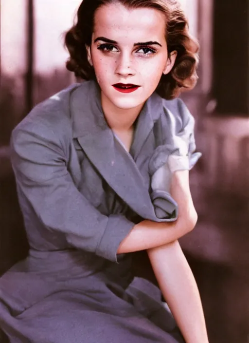 Prompt: Retro color photography 1940s portrait Hollywood headshot of Emma Watson Kodak Gold, 35mm aspherical lens