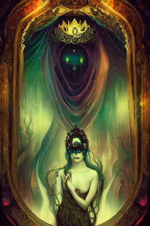 Image similar to jeweled Crown, other worldly, dark fae court, black roses, vivid colors, art nouveau, by Anato Finnstark, Tom Bagshaw, Brom