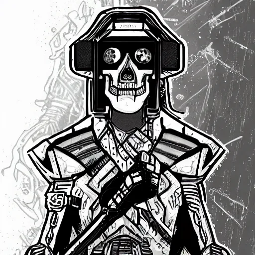 Image similar to a cyberpunk skull character drawn in the style of samurai jack