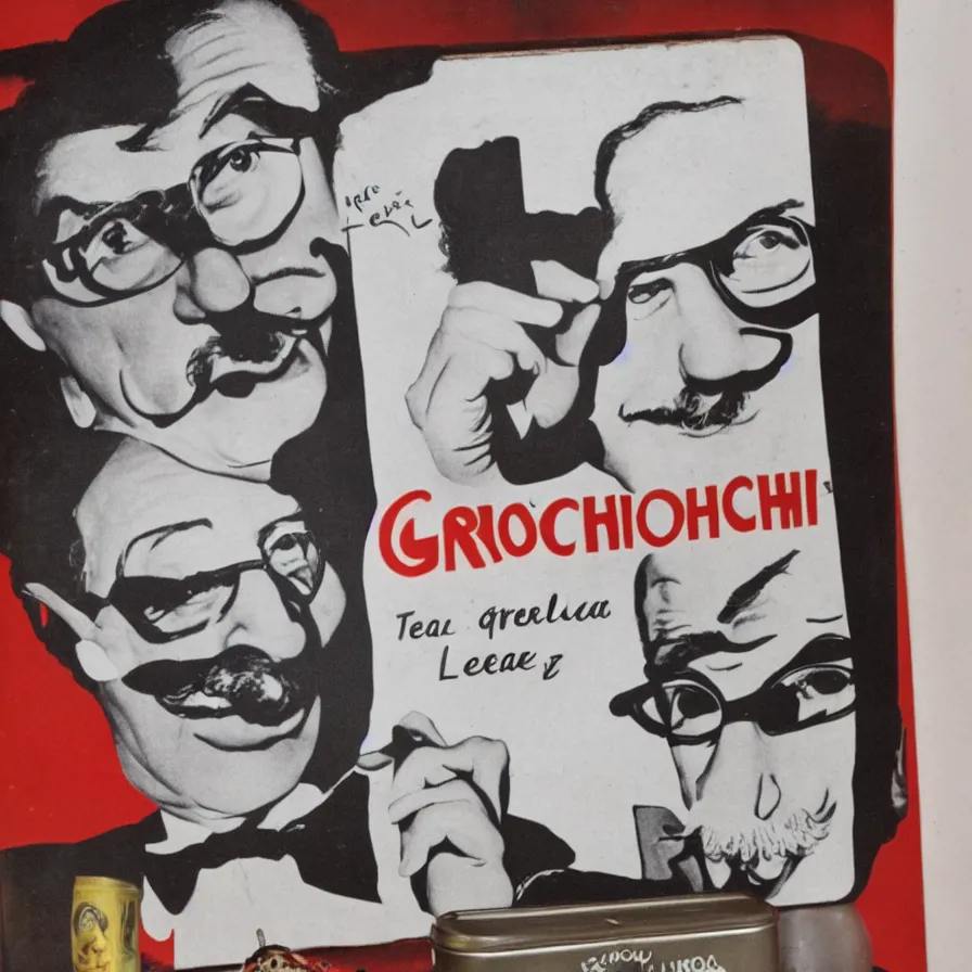 Prompt: advertisement featuring groucho marx on a tin of loose leaf tea