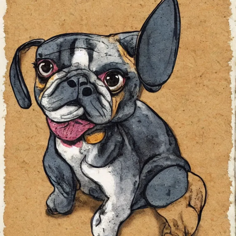 Image similar to a cute retro dog. alcohol inks on parchment, muted colors, detailed, textured parchment background, 1 9 5 0 s concept art