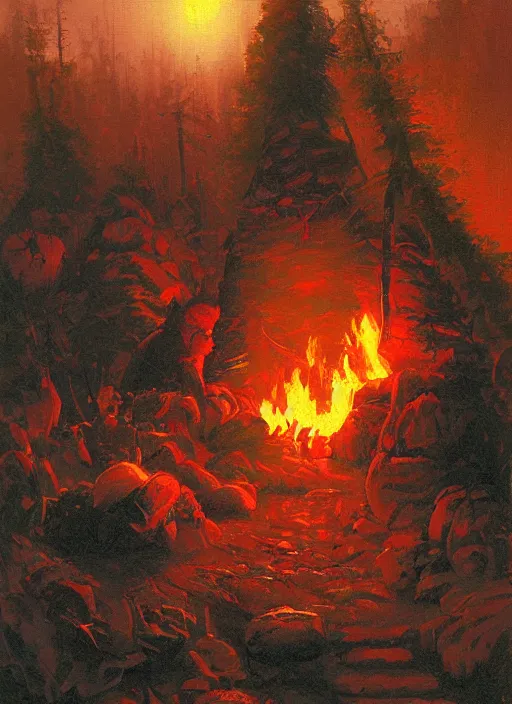 Prompt: cozy camp fire by paul lehr
