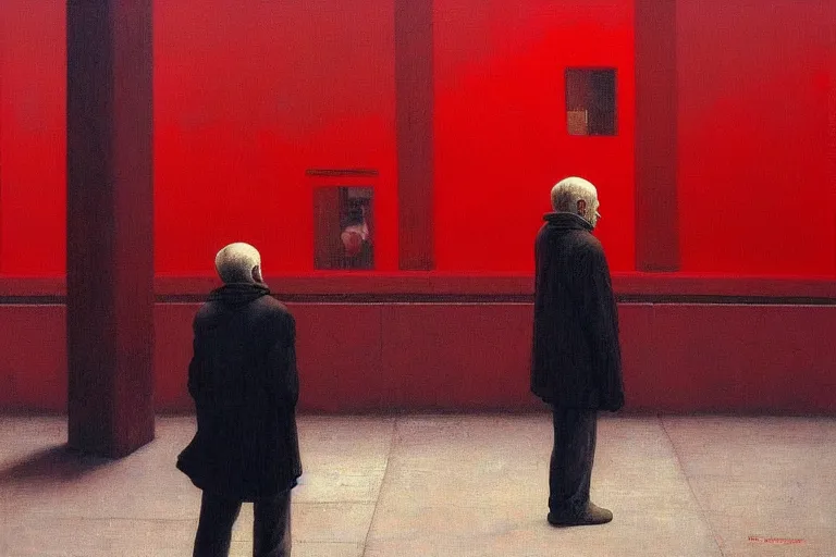 Prompt: only with red, a red old man try to sell a portrait, a crowd cheering, in a city square, in the style of beksinski, parts by edward hopper, parts by rodcenko, parts by yue minjun, intricate and epic composition, red by caravaggio, insanely quality, highly detailed, masterpiece, red light, artstation, 4 k