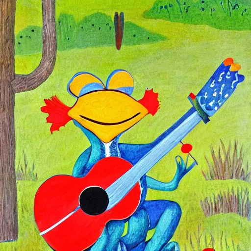 Prompt: frog playing the banjo in a louisiana swamp. Classic americana folk art. Thick linework and bright primary colors. Grandma Moses is the artist