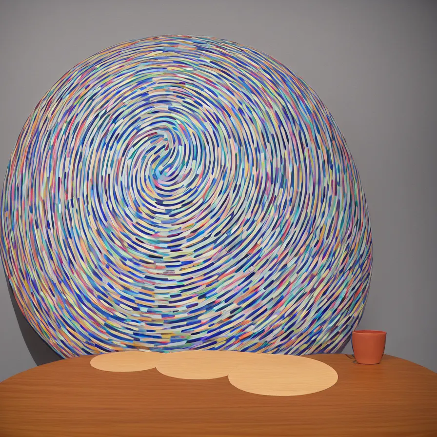 Prompt: beautiful gallery show studio photograph of a giant realistic ceramic sculpture of a round cat, glazed by bridget riley and victor vasarely, placed on a polished wooden table, colorful hyperrealism 8 k trending on artstation