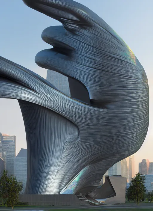 Image similar to highly detailed realistic architecture 3 d render of a huge high futuristic iridescent metallic stele sculpture in zaha hadid style standing in city park, archdaily, made in unreal engine 4 octane render