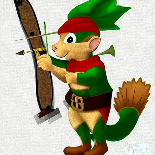 Image similar to A squirrel dressed as Peter Pan holding a crossbow. Digital art