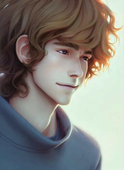 Image similar to beautiful young man with medium - length, curly, golden hair, perfectly proportioned face, aquamarine eyes, long eyelashes, smile, natural lighting, path traced, highly detailed, high quality, cartoon, digital painting, by new haicheng and studio ghibli