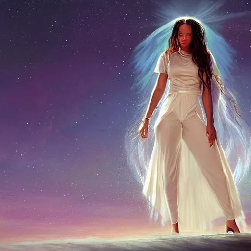 Image similar to a painting of rihanna like an angel, a young woman with long hair and a halo wearing a white top and beautiful dress, smiling in heaven, by jessica rossier