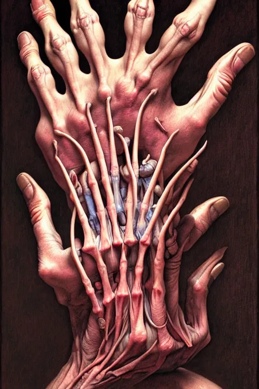 Image similar to human hand artists anatomy in the style of wayne barlowe, gustav moreau, goward, bussiere, roberto ferri, santiago caruso, luis ricardo falero, dali