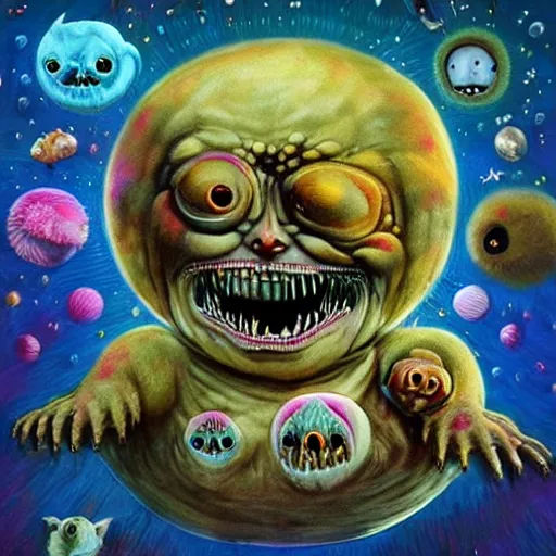 Image similar to the most cute and terrifying creature on the universe, weird surreal horror psy cosmic art, cry engine, bizarre art