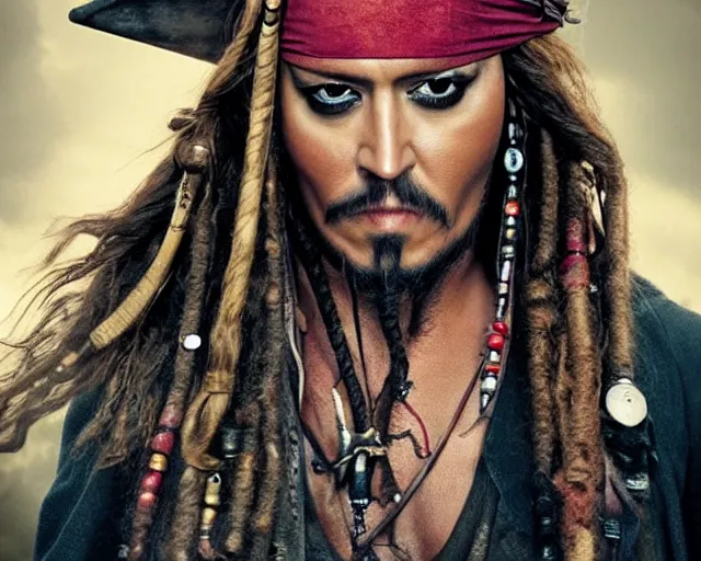Prompt: a beautiful mix of captain jack sparrow and amber heard, hyper realistic face, beautiful eyes, cinematic, long shot, hyper detailed, 8 5 mm photograph, 8 k resolution, film still, sharp lens, wide lens