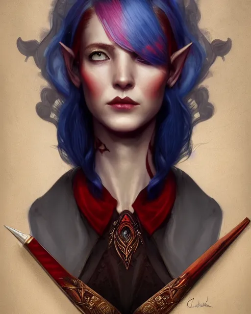 Prompt: A detailed matte oil on canvas head on symmetrical portrait of a distinguished elven woman with vertical split red and blue hair on an empty background , by Charlie bowater and lise deharme wlop, trending on artstationhd, dungeons and dragons art, critical role