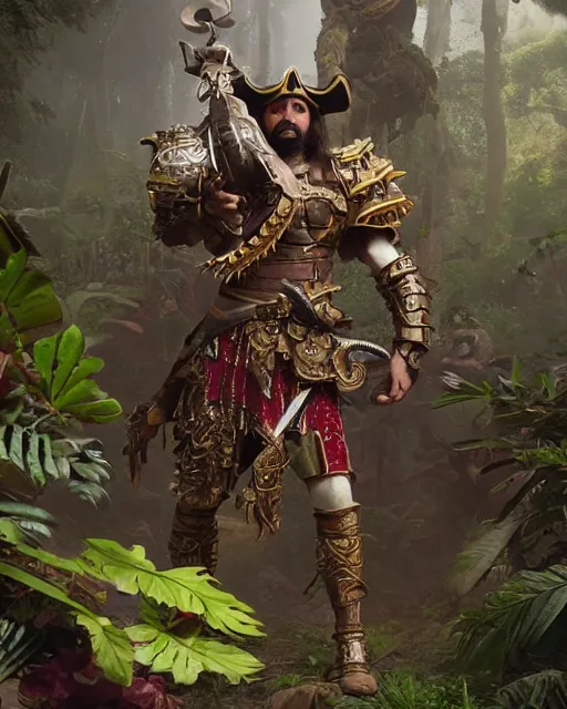 Prompt: spanish conquistador wearing ornate armor in a dense foggy jungle environment by disney and miyazaki, octane, intricate, hearthstone