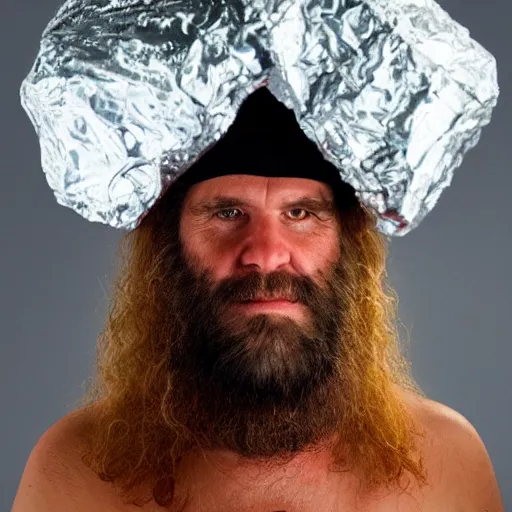 Prompt: portrait of a caveman with a tinfoil hat