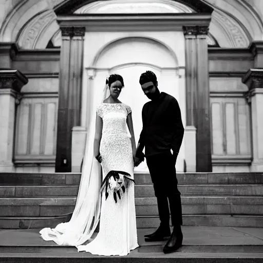 Image similar to an extremely beautiful couple in their 20s get married with a small intimate audience at marylebone town hall, the groom wears an elegant gucci suit, the bride wears a medium-length bridal gown with an exquisite veil, david bailey takes the photos, black and white, ilford ilfocolour 400, tlr rolleiflex T, octane render, 4k, realistic, hyperrealistic, highly detailed, strong bokeh around the faces of the couple, short depth of field, f/1.8