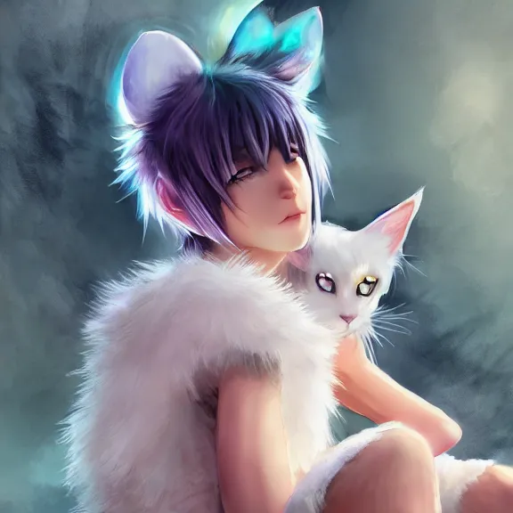 Image similar to emo boy with cat ears and tail sitting, full body, blushing, short smile, fluffy hair covering, fantasy painting, cinematic lightning, highly detailed, trending on Artstation, Unreal Engine 4k, watercolour, pastel, very very very very very very very very beautiful.