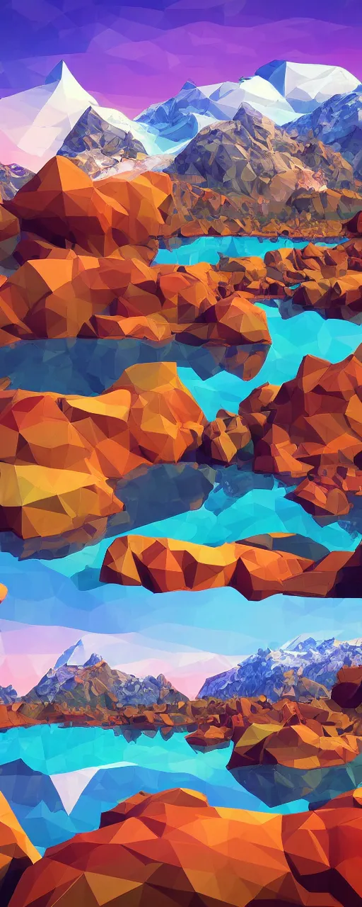 Image similar to super detailed color lowpoly art, northern sunset with rocks on front, lake in the middle of perspective and mountains at background, graphic reindeers in random points, unreal engine, retrowave color palette, 3 d render, lowpoly, colorful, digital art