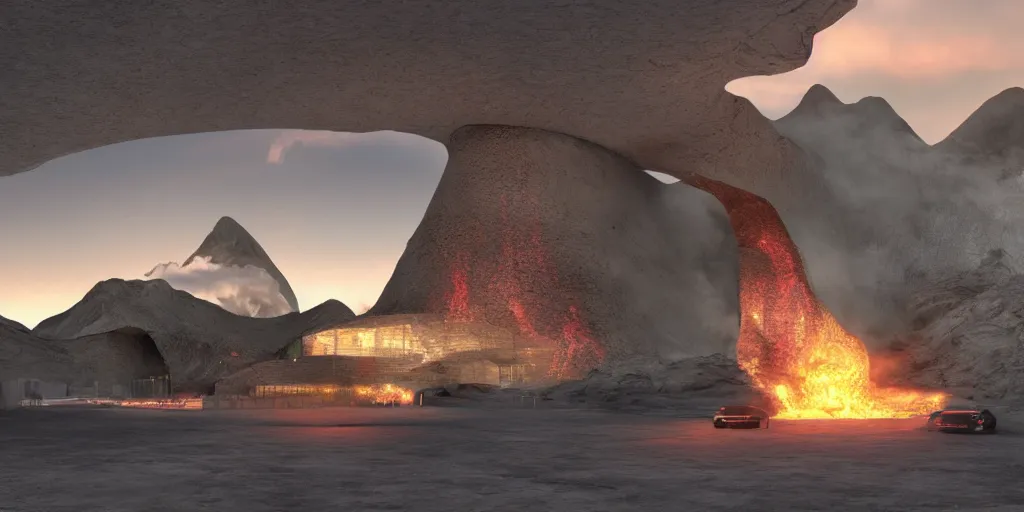 Prompt: Highly realistic arch-viz render of concept art for an ultra-modern Bond villain\'s lair with rockets and laser turrets built into an active volcano