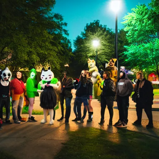 Image similar to photograph of a group or fursuiters at a furry convention in the city park at night, studio photography, f/1.8 cinematic lens