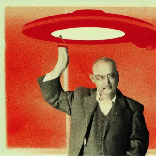 Prompt: Red-Square-Shaped UFO Spaceship Above a Man standing