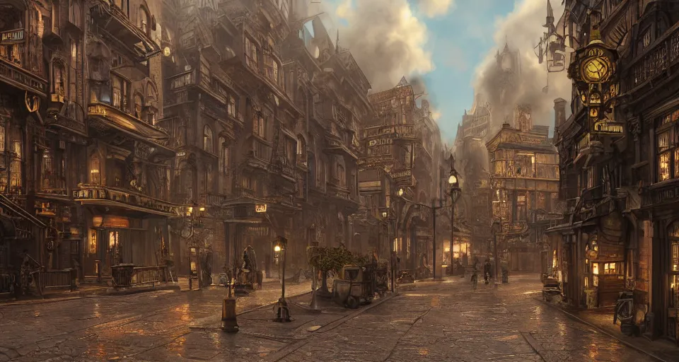 Prompt: steampunk city streets by ted nasmith, octane render, trending on artstation