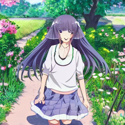 Image similar to cute art of a beautiful anime girl walking in the garden, aesthetically pleasing, detailed,