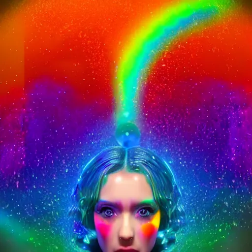 Image similar to A head and shoulders portrait of a Prismatic Spectrum Cosmic Magical Girl from the Rainbow Sky Paradise, full round face, teary eyes, slight smirk, tomorrowland, medium shot, lit by flashing pixel light, fully covered in colorful paint, ambient occlusion, 3D render, glowing neon, unreal engine 5