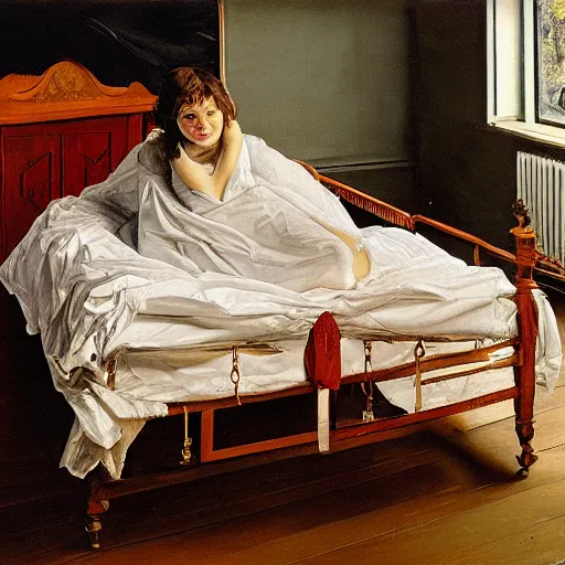 Image similar to painting of ema stone on a victorian bed in a big old room, wide shot by lucian freud