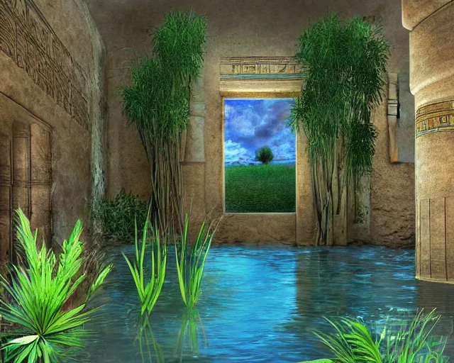 Image similar to Ancient Egypt interior with a pond and plants, digital art