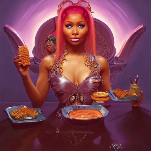 Prompt: Nicki Minaj eating big macs, dripping BBQ Sauce, serving happy meals, D&D, spilling ketchup, fantasy, intricate, elegant, highly detailed, digital painting, artstation, concept art, matte, sharp focus, illustration, hearthstone, art by Artgerm and Greg Rutkowski and Alphonse Mucha