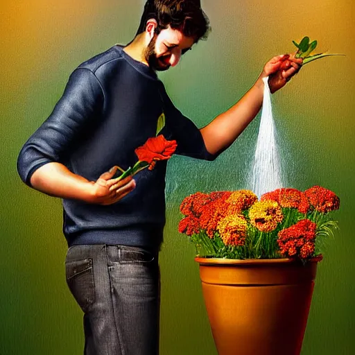 Prompt: man pouring water on head, flowers are in a pot on his head, the pot is part of his head, high detail, 8K digital art