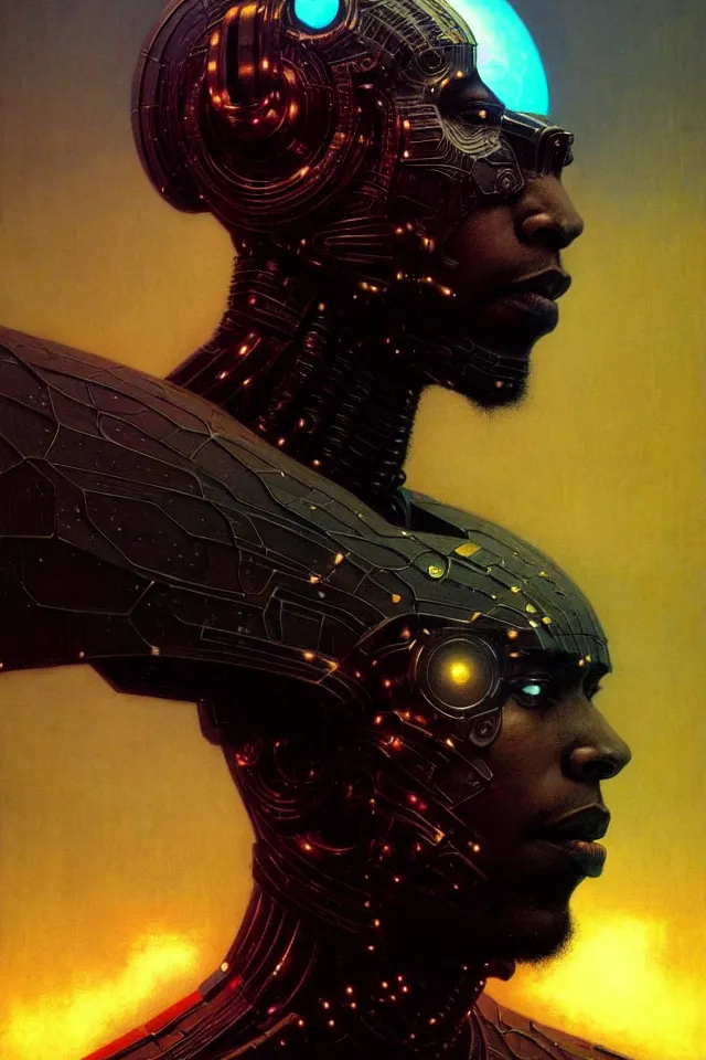 Prompt: a striking portrait of a black cyborg god king by moebius and hr gigerr and beksinski, trending on artstation, digital art, 4 k resolution, detailed, high quality, sharp focus, hq artwork, insane detail, cinematic, volumetric lighting, character concept art, fine details, clear face