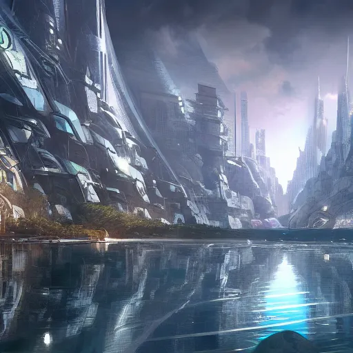 Image similar to a futuristic city surrounded by water and rocks, a detailed matte painting by Stephan Martinière, cgsociety, fantasy art, matte painting, unreal engine 5, unreal engine