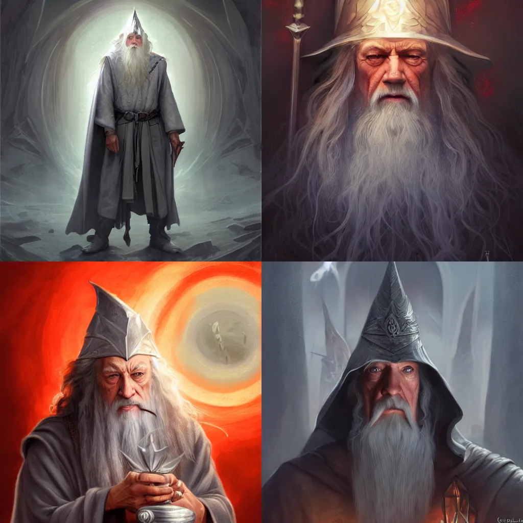 Prompt: Gandalf the grey wearing a tinfoil hat, paranoia, crimson led, glowing, D&D, fantasy, intricate, elegant, highly detailed, digital painting, artstation, concept art, matte, sharp focus, illustration, hearthstone, art by Artgerm and Greg Rutkowski and Alphonse Mucha