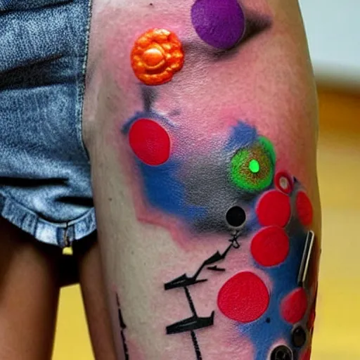 Image similar to leg tattoo of a 3 dimensional hole in the skin with multicolored tubes and robotic mechanics inside under the skin, insanely integrate,