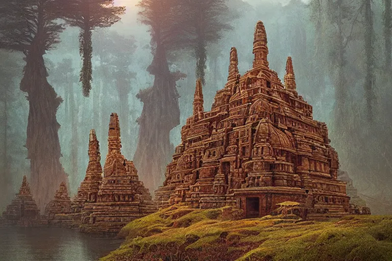 Prompt: photography of a beautiful archipelago of never seen before stunning ancient indian temple. complex intricate pilars patern, runes. trees water and flowers. afternoon light inspiring science fiction, intricate, elegant, uplifting, inspirational, highly detailed by beksinski and simon stalenhag