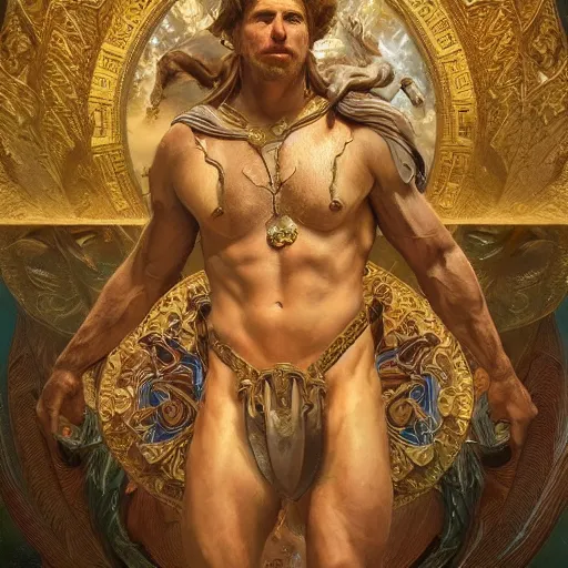 Image similar to portrait of nick bostrom as a heavenly god, full body, muscular, fantasy, intricate, elegant, highly detailed, digital painting, artstation, concept art, matte painting, sharp focus, illustration, art by artgerm and greg rutkowski and alphonse mucha